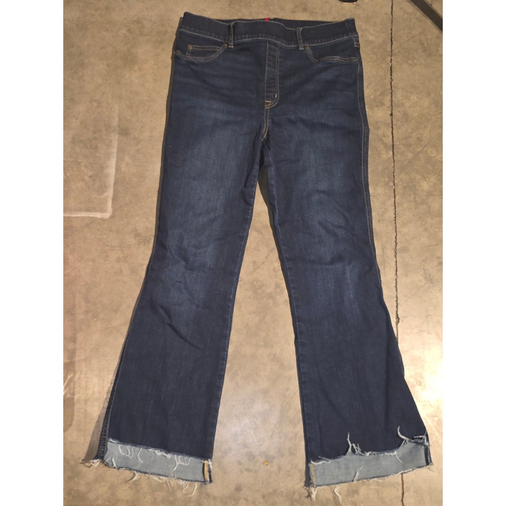 Spanx Women Dark Wash Flare Jeans Raw Hem Pull On Shapewear Tall Large 20327T